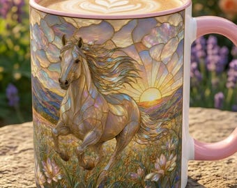 Floral Horse Mug, Stained Glass Iridescent Wild Horse Coffee Mug, Running Horse Country Decor, Mustang Horse Lover Gift, Equestrian Gift