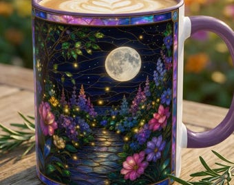 Stained Glass Style Firefly Moonlit Garden Mug, Floral Moon Coffee Cup, Beautiful Mug Gift, Magical Night Garden Mug, Women's Nature Gift