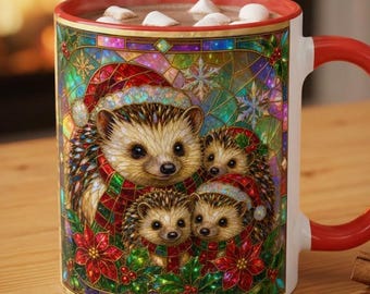 Hedgehog Family Christmas Mug, Stained Glass Holiday Mug, Cute Hedgehog Coffee Cup, Christmas Gift, Colorful Winter Mug, Holiday Decor
