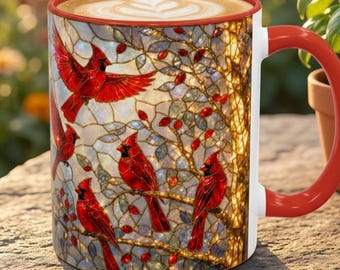 Red Cardinal Bird Mug, Stained Glass Coffee Cup, Red Bird Lover Gift, Iridescent Cardinal Mug, Bird Coffee Mug, Nature Gift