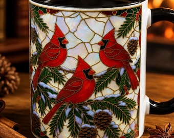 Cardinal Christmas Mug, Stained Glass Bird Mug, Red Cardinal Coffee Cup, Snowy Pinecone Mug, Christmas Bird Lover Gift, Winter Mug