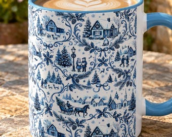 Blue Toile Christmas Mug, Vintage Winter Coffee Cup, Christmas Village Toile Mug, Winter Scene Coffee Mug, Christmas Gift Mug, Holiday Decor