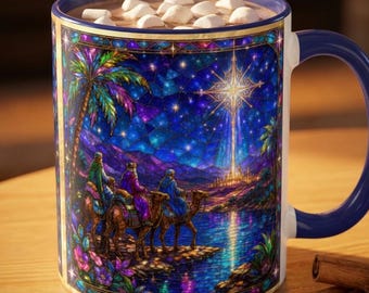 Three Kings Christmas Mug, Stained Glass Nativity Mug, Christian Christmas Gift, Star of Bethlehem Mug, Church Gift, Religious Coffee Cup