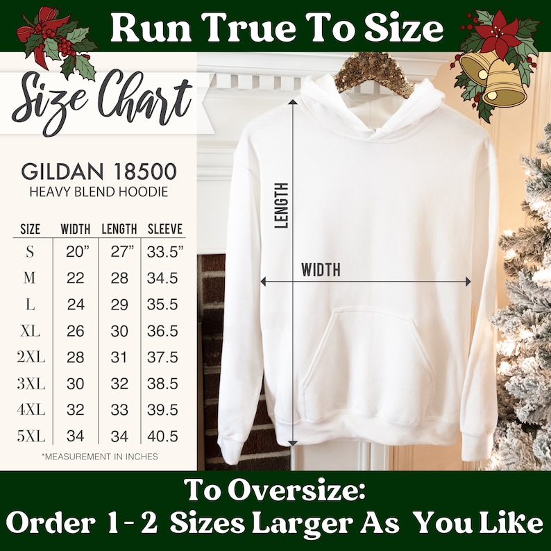 May include: A white Gildan 18500 heavy blend hoodie with a front kangaroo pocket. The image includes a size chart with measurements in inches for sizes S through 5XL, indicating width, length, and sleeve length, with text stating Run True To Size.
