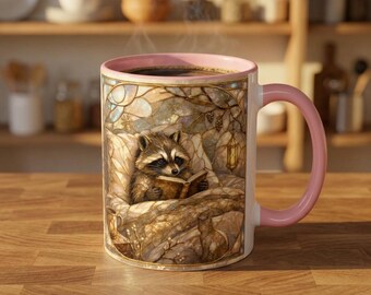 Mug Raton laveur, Tasse à café animal en vitrail, Mug style cottagecore chaleureux, Cadeau raton laveur lecteur, Illustration raton laveur d'hiver, Cadeau pour amoureux des animaux