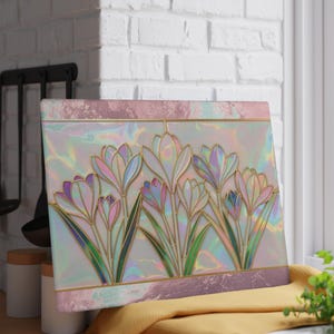 Planche à découper en verre crocus | Décoration de cuisine florale printanière irisée, planche de comptoir style vitrail nacré, cadeau pour amateur de jardin image 12