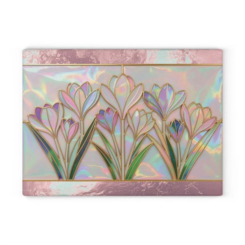 Planche à découper en verre crocus | Décoration de cuisine florale printanière irisée, planche de comptoir style vitrail nacré, cadeau pour amateur de jardin image 16