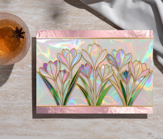 Crocus Glass Cutting Board | Iridescent Spring Floral Kitchen Decor, Pearly Stained Glass Style Countertop Board, Garden Lover Gift