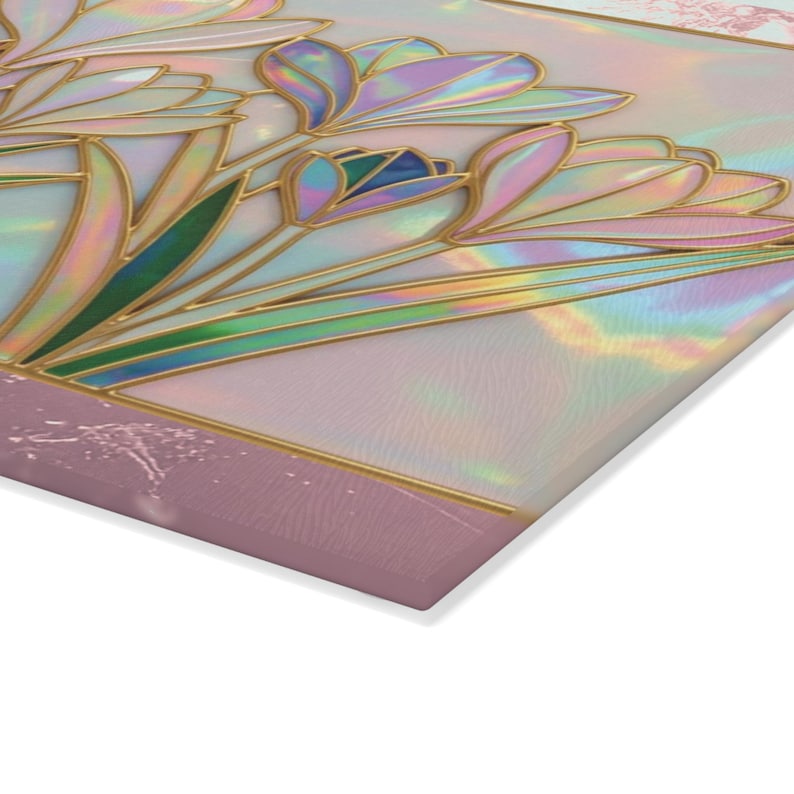 Planche à découper en verre crocus | Décoration de cuisine florale printanière irisée, planche de comptoir style vitrail nacré, cadeau pour amateur de jardin image 7