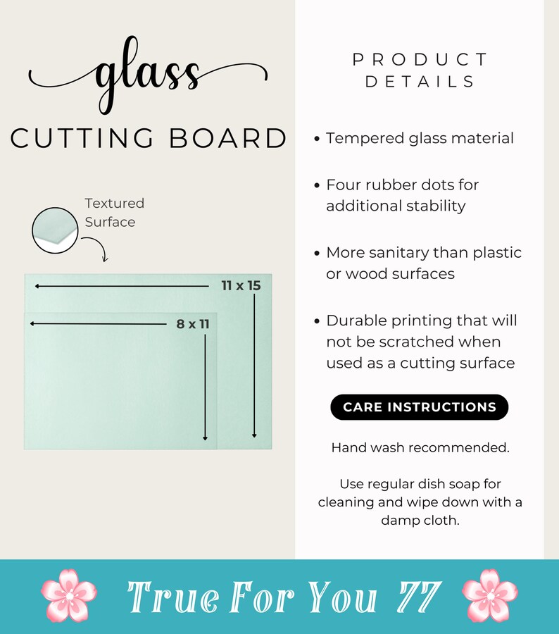 Peut inclure: Un plan de travail en verre avec une surface textur&eacute;e. Les dimensions sont de 20 x 28 cm et 28 x 38 cm. D&eacute;tails du produit : verre tremp&eacute;, pastilles en caoutchouc pour la stabilit&eacute; et impression durable. Le texte "True For You 77" est en bas.
