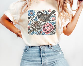 Block Print Bird Shirt, Comfort Colors Boho Tee, Cottagecore T-Shirt, Retro Nature Gift, Linocut Woodblock Print Top, Boho Bird Crewneck