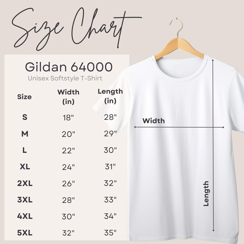 Op de afbeelding: Maattabel voor het Gildan 64000 Unisex Softstyle T-Shirt. De tabel toont de breedte en lengte in inches voor maten S tot en met 5XL.