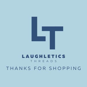 Op de afbeelding: Een blauw logo met de letters "LT" voor Laughletics Threads. De tekst "Bedankt voor het winkelen" staat onder het logo.