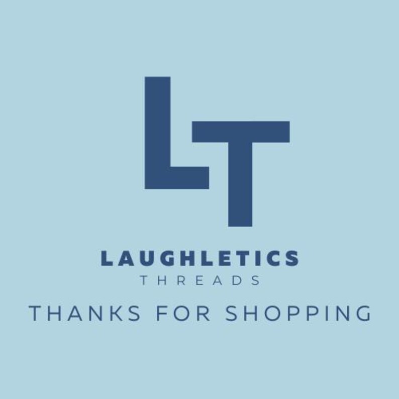 Op de afbeelding: Een blauw logo met de letters "LT" voor Laughletics Threads. De tekst "Bedankt voor het winkelen" staat onder het logo.