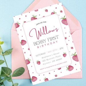 Pink Strawberry Birthday Party Invitation Template - Berry First Birthday - Strawberry - DIY Baby Shower Invitation - Canva Template