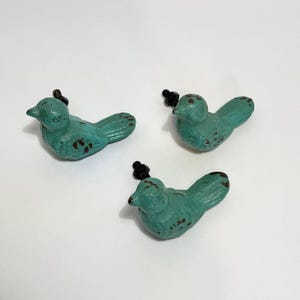 May include: Three bird-shaped cabinet knobs made of teal-colored metal with a distressed, weathered finish showing patches of brown rust. Each knob features a small black metal bolt extending from the back for mounting purposes.