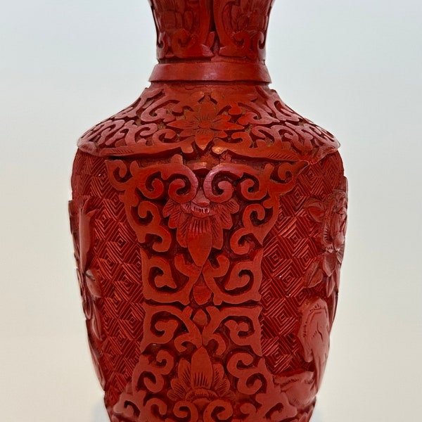 Mid-Century Red Cinnabar Lacquer Vase Depicting flowers and Chinoiserie