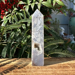 Druzy Purple Moss Agate 4-Side Tower with beautiful banding 129g/4.18in