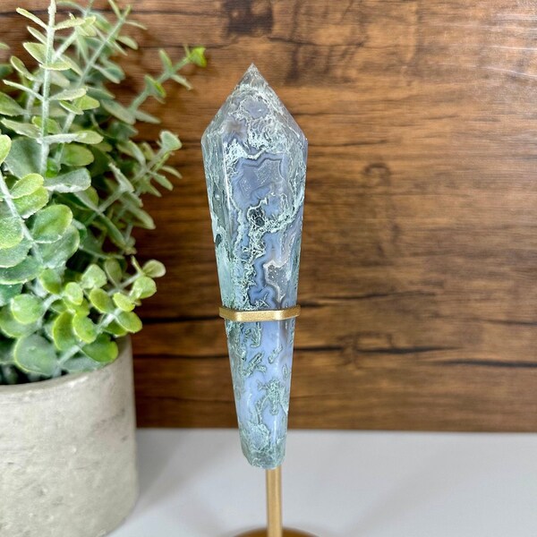 Dreamy Druzy Blue & Light Green Moss Agate Wand on Gold Metal Stand 106g/4.83in