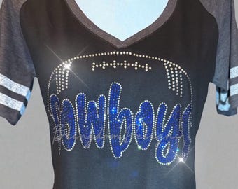 Rhinestone Football Team V-Neck Shirt: Custom Game Day Bling