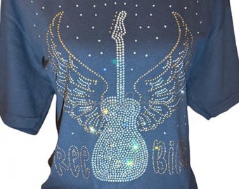 Rhinestone Angel Wings Guitar Shirt: Bedazzled Free Bird Tee