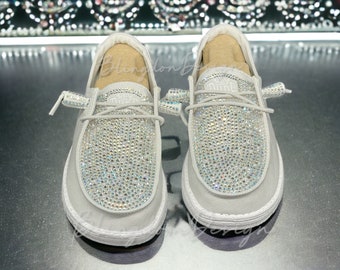 Light Gray Bedazzled Bling Hey Dude Shoes Prom, Bridal Party, Mother of the Bride Dudes Bejeweled Original Design
