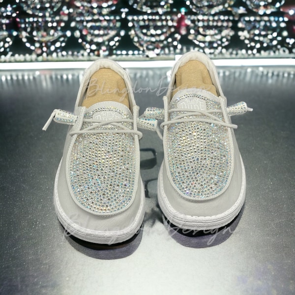 Light Gray Bedazzled Bling Hey Dude Shoes Prom, Bridal Party, Mother of the Bride Dudes Bejeweled Original Design