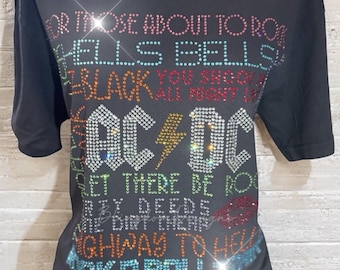 AC/DC Tribute Crystallized Rhinestone Shirt Bedazzled Bling Comfort Colors Tshirt Greatest Hits Songs Concert Luxe Band Tee Rock Music Fan
