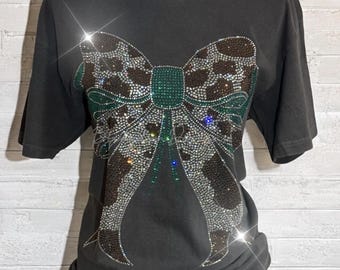 Rhinestone Cow Print Bow Shirt: Crystallized Coquette Western Tee