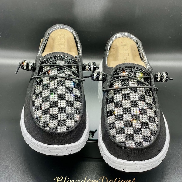 Bling Hey Dude Shoes Checkerboard Bedazzled Original Design Dudes Bejeweled