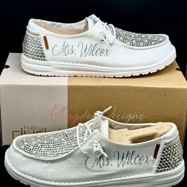 Bling Hey Dude Wedding Shoes Bedazzled with Sparkle Original Custom Design Bride Miss to Mrs Dudes Silver Golden Anniversary Bejeweled