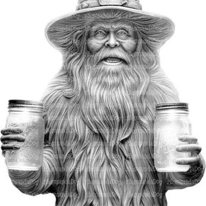 May include: A black and white illustration of a bearded man wearing a hat and holding two mason jars. The man is drawn in a realistic style with detailed features.