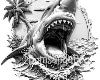 Op de afbeelding: Een zwart-witte 3D-illustratie van een haai met zijn bek open, die scherpe tanden laat zien. De haai springt uit het water en veroorzaakt spatten. Op de achtergrond is een palmboom te zien.