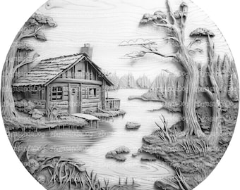3d illusion Cabin on a Lake for Laser Please Read Description laser ready