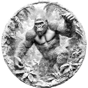 Puede incluir: Una ilustración 3D en blanco y negro de un gorila de pie en un entorno de selva. El gorila se representa en una pose dinámica, con los brazos levantados y la cabeza girada hacia un lado. El fondo de la selva presenta una vegetación exuberante y árboles.