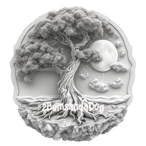May include: A 3D relief sculpture of a tree with gnarled roots and branches reaching towards a full moon. The tree is set against a backdrop of clouds and stars.
