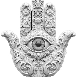 Pode incluir: Uma escultura branca em forma de mão adornada com um grande olho no centro. A escultura é detalhada com padrões florais intrincados.