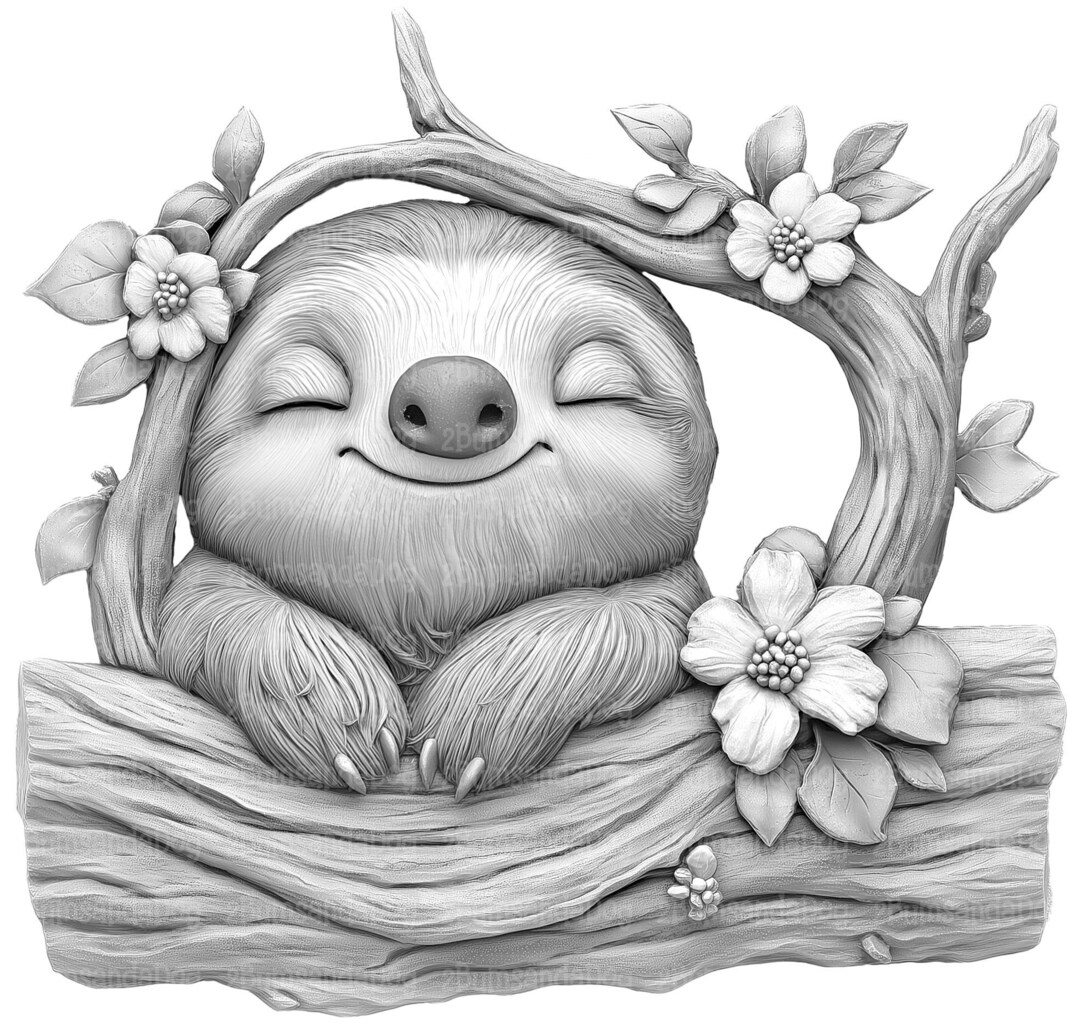 3d Illusion of a Two Toes Sloth in a Log With Flowers for Laser Please ...
