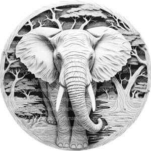 May include: A black and white 3D illustration of an elephant's head and trunk emerging from a circle of trees. The elephant is carved in a detailed, realistic style.