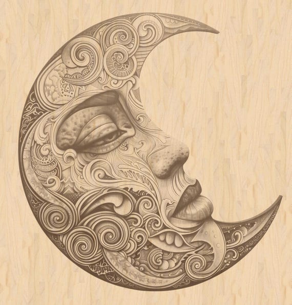 3d Illusion of a Crescent Moon With a Face and Design for Laser