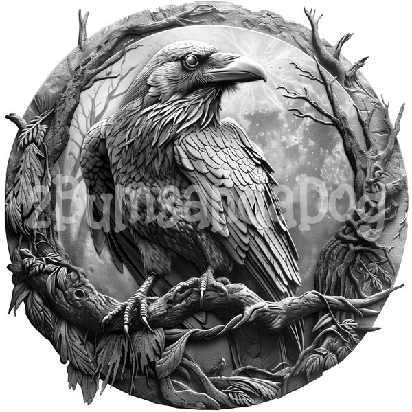 3d illusion a Raven on a Branch with a Full Moon for Laser Please Read Description laser ready 4 ZIP Files