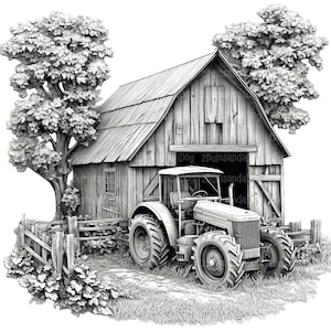 May include: A black and white drawing of a vintage tractor parked in front of a wooden barn. The barn has a large wooden door and a window. There are trees on either side of the barn.