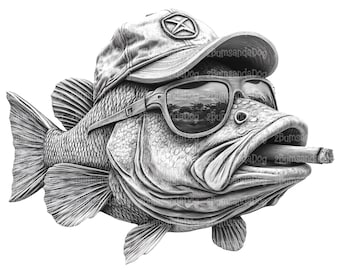 3d illusion of a Largemouth Bass with a hat sunglasses and a cigar for Laser Please Read Description laser ready 5 ZIP Files