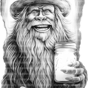 May include: A black and white pencil drawing of a bearded man wearing a wide-brimmed hat and holding a mason jar. The man has a mischievous smile on his face.