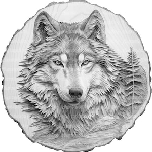 May include: A black and white wood carving of a wolf's head with a detailed, realistic depiction of fur and facial features. The wolf is looking directly at the viewer with a serious expression. The carving is set against a background of wood grain.