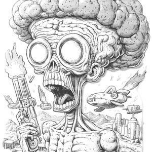 May include: A black and white illustration of a cartoon alien with a large head and a shocked expression. The alien is holding a large gun and is surrounded by spaceships and a destroyed city.