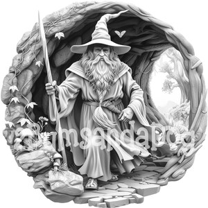 May include: A grayscale 3D printed sculpture of a wizard with a long white beard and a pointed hat, standing in a cave entrance with a staff in his hand.