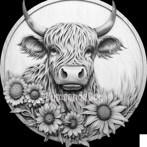 3d Illusion Highland Cow with Sunflowers for Laser Please Read Description laser ready