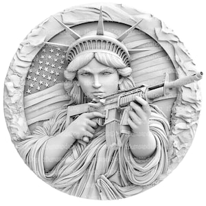 May include: A white, three-dimensional sculpture of the Statue of Liberty holding a rifle. The sculpture is set against a background of the American flag.