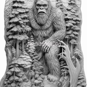 May include: A detailed wood carving of Bigfoot, a mythical creature, standing in a forest setting. The carving is in shades of gray and white, with intricate details in the fur, trees, and foliage.